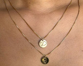 Collares en capas de oro, conjunto de collares de disco iniciales de 2, cadena de capas personalizada, relleno de oro, rosa o plata, collares iniciales en capas