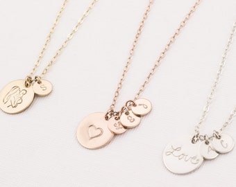 Personalized Disk Necklace with Tiny Initial Tags. Custom Kids Initials Gift for Mom. Gold, Silver, Rose Gold Necklace with Initials Jewelry