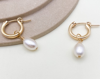 Avery Hoop Pearl Earrings. Gemstone Earrings. 14k Gold Filled Freshwater Pearl Huggies. Minimalist Pearl Drop Earrings. Gifts for Women