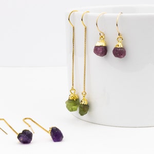 Raw Gemstone Drop Earrings. Birthstone Earrings. Rough Natural Gemstone Threader Earrings. 14k Gold Filled, Sterling Silver Gift for Her
