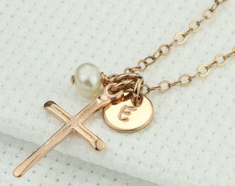 Cross Necklace. Personalized Cross Initial Necklace. Gold, Silver, Rose Gold. Custom Cross Charm. Personalized Jewelry. Holiday Gift for Her