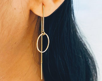 Circle Threader Earrings. Long Circle Threaders. Long Dangle Earrings Sterling Silver. Gold Threader Earrings. Dainty Everyday Earring