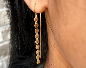 Coin Chain Threader Earrings, Long Dangle Earrings, Gold Threader Earrings, Dainty Everyday Earrings, Sterling Silver Threader Earrings