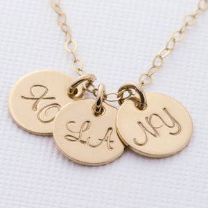 Personalized Disks with Initial Necklace. Coin Tag Pendants. Custom Small Disc Necklace, Gold Fill, Silver, Rose Gold Layering Necklace