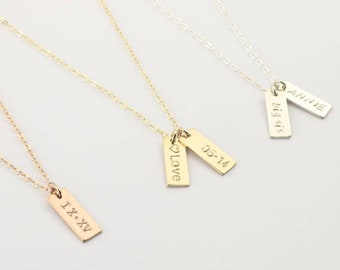 Tiny Bar Tag Necklace. Kids Names, Initials or Dates on Tiny Tags. Gold, Silver Rose. Custom Hand Stamped Personalized Bar. Gift for Mom