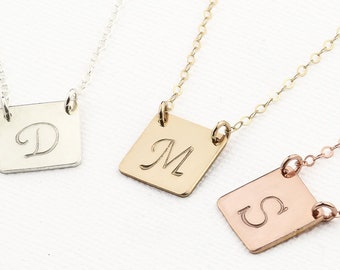 Personalized Initial Necklace. Square Necklace. Minimalist Dainty Initial Necklace for Her. Gold Bar. Silver Bar Rose Gold Tag. Gift for Mom
