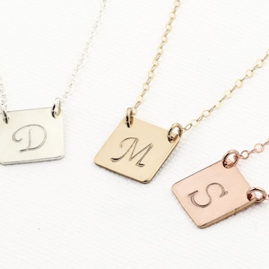 Personalized Initial Necklace. Square Necklace. Minimalist Dainty Initial Necklace for Her. Gold Bar. Silver Bar Rose Gold Tag. Gift for Mom image 1