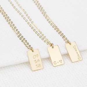 Personalized Rectangle Tag Necklace. Hand Stamped Name Plate Pendant. Custom Initial, Name, Date Necklace. Mothers Day Personalized Gift image 3