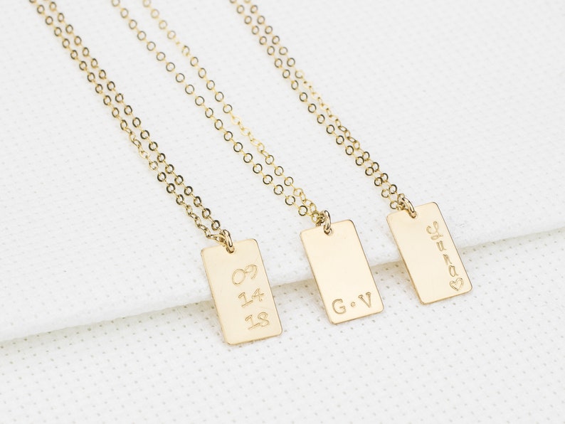 Personalized Rectangle Tag Necklace. Hand Stamped Name Plate Pendant. Custom Initial, Name, Date Necklace. Mothers Day Personalized Gift image 3