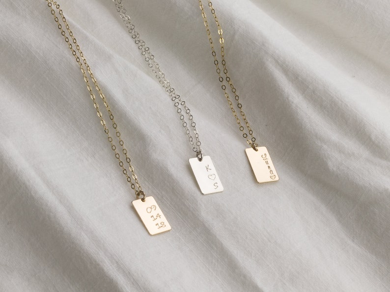 Personalized Rectangle Tag Necklace. Hand Stamped Name Plate Pendant. Custom Initial, Name, Date Necklace. Mothers Day Personalized Gift image 2