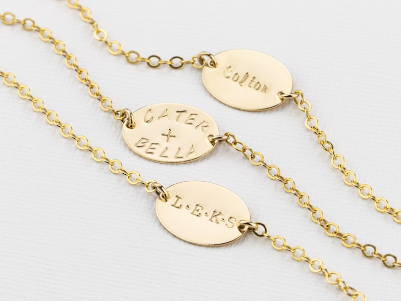 Personalized Oval Bracelet, Custom Inspiration, Kids Names, Children's Initials Nameplate Bracelet, Oval Disc Gold or Silver, Gift for Her image 1