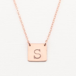 Personalized Initial Necklace. Square Necklace. Minimalist Dainty Initial Necklace for Her. Gold Bar. Silver Bar Rose Gold Tag. Gift for Mom image 2