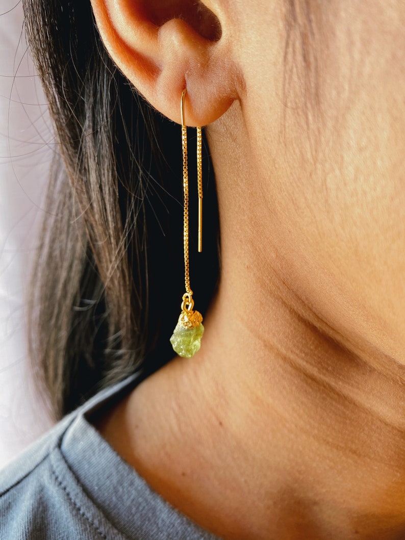Raw Gemstone Drop Earrings. Birthstone Earrings. Rough Natural Gemstone Threader Earrings. 14k Gold Filled, Sterling Silver Gift for Her image 2