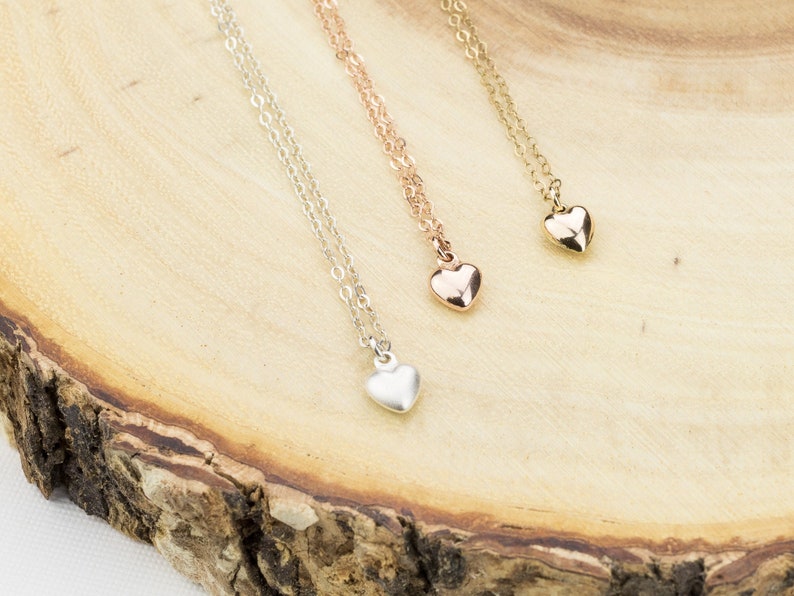 Heart Charm Necklace. Dainty Gold Heart Pendant. Tiny Puffed Heart Jewelry. Bridesmaid, Best Friend Necklace. Gold fill, Silver, Rose Gold image 1