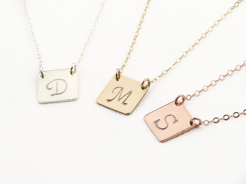 Personalized Initial Necklace. Square Necklace. Minimalist Dainty Initial Necklace for Her. Gold Bar. Silver Bar Rose Gold Tag. Gift for Mom image 1