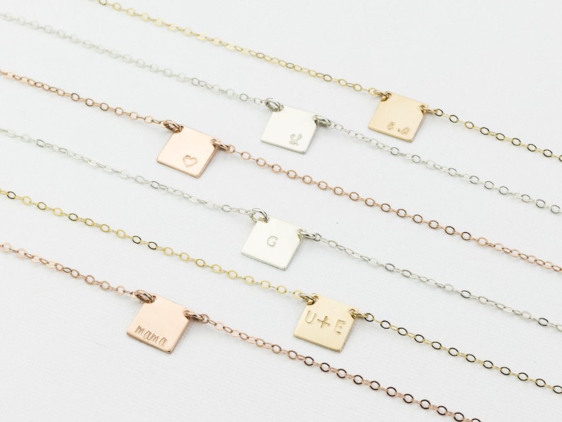 Square Plate Necklace, Personalized. Simple, Delicate Square Pendant. Initial Tag. Gold filled, Sterling Silver, Rose Gold Squared necklace image 1