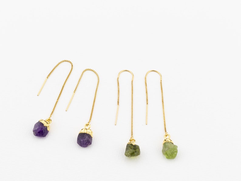 Raw Gemstone Drop Earrings. Birthstone Earrings. Rough Natural Gemstone Threader Earrings. 14k Gold Filled, Sterling Silver Gift for Her image 5