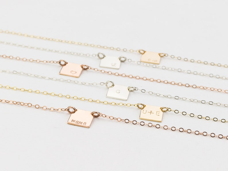 Square Plate Necklace, Personalized. Simple, Delicate Square Pendant. Initial Tag. Gold filled, Sterling Silver, Rose Gold Squared necklace image 4