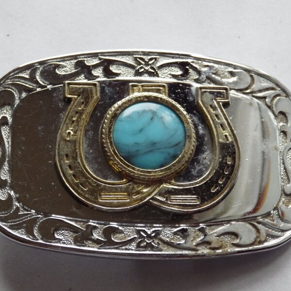Double Horseshoe with turquoise Silver tone metal Belt Buckle