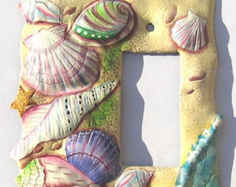 Light Switch Cover, 4 Sizes, Coastal Decor, Painted metal rocker light switch plate cover, Sea Shell Design,  Switchplate Covers, SR-1128