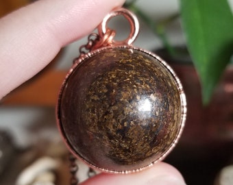 Bronzite Crystal Ball Necklace || Sphere || Orb || Copper Electroformed Pendant || 28" Copper Plated Brass Rolo Chain