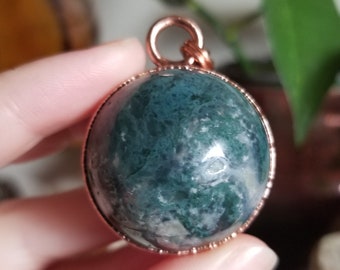 Moss Agate Crystal Ball Necklace || Sphere || Orb || Copper Electroformed Pendant || 28" Copper Plated Brass Rolo Chain