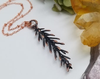 Sugi Leaf Necklace || Real Cypress Tree Leaf || Cryptomeria japonica || Copper Electroformed || 24" Rose Gold Plated Brass Satellite Chain