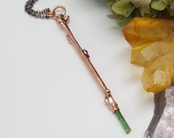 Green Tourmaline & Oregon White Oak Magic Wand Necklace || Real Twig || Electroformed Botanical Jewelry | 28" Copper Plated Rolo Chain