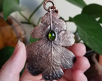 Chrome Diopside & White Oak Necklace || Quercus garryana || Real Leaf || Electroformed Botanical Jewelry || 26" Copper Plated Brass Chain