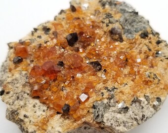 Spessartine Garnet with Smoky Quartz & Muscovite || Etched Crystal Cluster || Rocks and Minerals || Raw Gemstones || January Birthstone