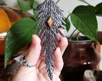 Sunstone & Western Red Cedar Necklace || Real Cypress Leaf || Thuja plicata || Electroformed Botanical Jewelry || 26" Gunmetal Plated Chain