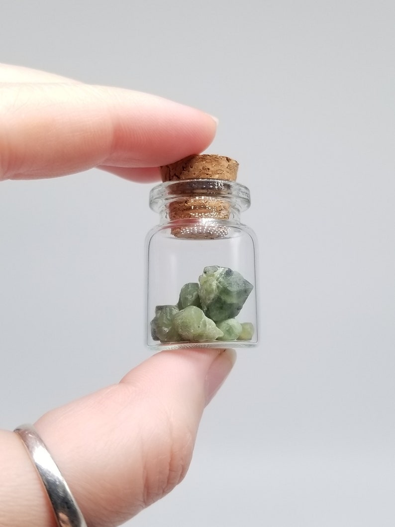 Green Garnet Jar Demantoid Andradite Specimen Vial Raw Crystals in a Bottle Rocks and Minerals January Birthstone image 3