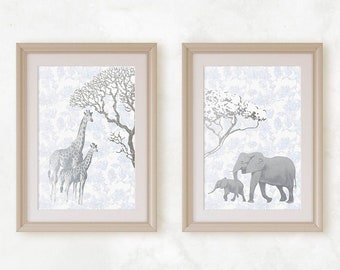 Safari Animals Elegant Set of 2 Prints, Subtle Chinoiserie Design, Elephant + Giraffe, Soft Serene Tranquil, Child Nursery Wall Art Decor