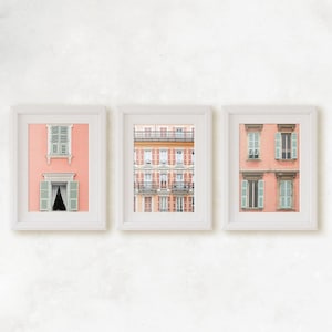 South of France Shutters Set of 3 Architectural Prints, Light Coral + Seafoam Green, European Baby Nursery Home & Office Wall Art Decor