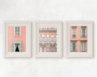 South of France Shutters Set of 3 Architectural Prints, Light Coral + Seafoam Green, European Baby Nursery Home & Office Wall Art Decor