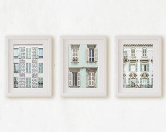 French Shutters Set of 3 Architectural Prints, Light Seafoam Beige Tones, South of France, Europe, Baby Nursery Home & Office Wall Art Decor