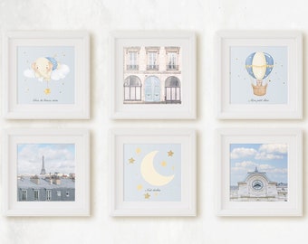 Save 30% French Themed Baby Nursery Set of 6 Square Prints, Paris Travel Photography, French Language Blue + Beige Soft + Tranquil Wall Art