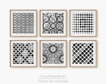 Alhambra Black & White Prints Set: Geometric Arabic Patterns, Granada Spain Wall Art