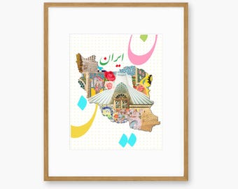 Persian Map Art Print: Cultural Collage, Vibrant Home Decor