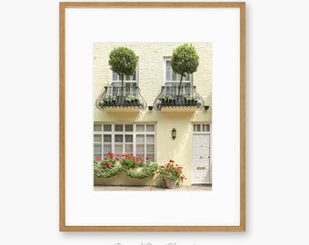 London Yellow Mews House Print: English Architecture, Red Geranium Planters