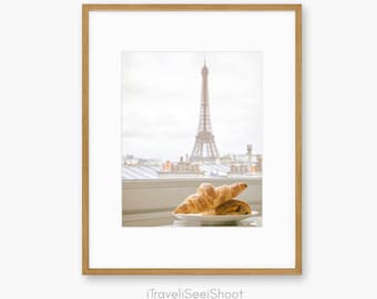 Paris Eiffel Tower & Croissants Print: Parisian Rooftop View, French Kitchen or Dining Room Art
