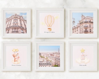 Save 30% French Themed Baby Nursery Set of 6 Square Prints, Paris Travel Photography, French Language Pink + Soft Tones, Tranquil Wall Art