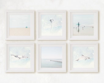 Save 30% Ocean + Beach Themed Baby Nursery Set of 6 Square Prints, California Travel Photography, Blue + Beige, Soft + Tranquil Wall Art