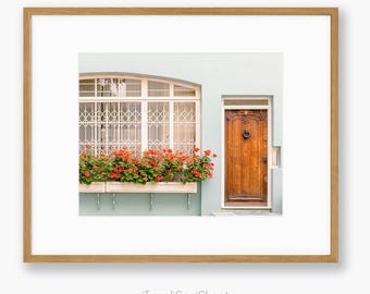 London Mews House Print: Seafoam Green, Coral Geraniums