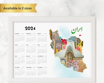 2024 Wall Calendar, Iran Map Persian Culture Woman Life Freedom, Landscape Orientation, Two Sizes, Home & Office Wall Decor