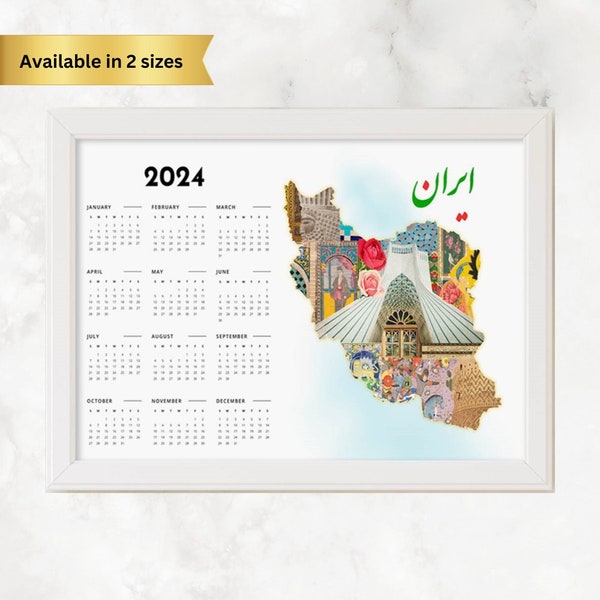 2024 Wall Calendar, Iran Map Persian Culture Woman Life Freedom, Landscape Orientation, Two Sizes, Home & Office Wall Decor