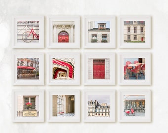 Parisian Cityscape Gallery Wall Set of 12 Square 5x5 Prints, Affordable Wall Art, France Travel Photography, Beige + Red, Gift for Traveler