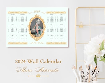 2024 Wall Calendar, Marie Antoinette Romantic Illustration, French History Queen, Landscape Orientation, Two Sizes, Home & Office Wall Decor