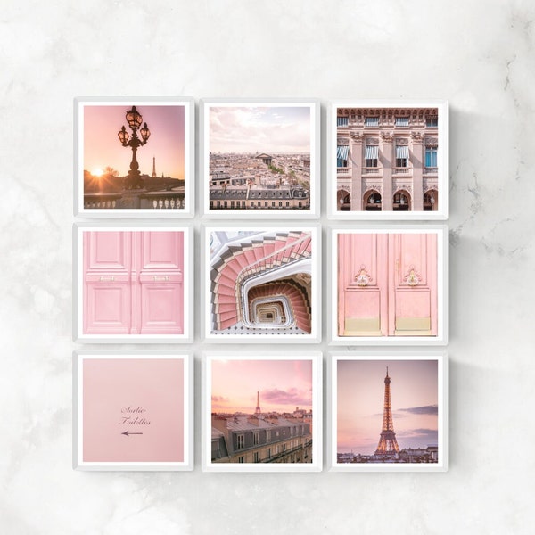 Save 50% Paris France Set of 9 Square Prints, Gallery Wall Set, Parisian Travel Photography, Elegant Pink + Rose Tones Home & Office Decor