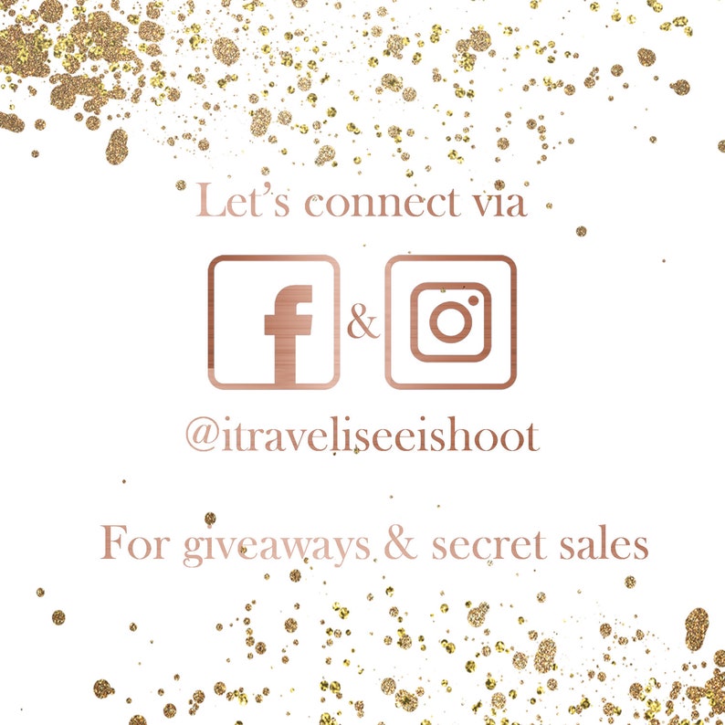Op de afbeelding: Laten we contact maken via Facebook en Instagram @itraveliseeshoot voor weggeefacties en geheime verkopen. De tekst is geschreven in ros&eacute; goud op een witte achtergrond met gouden glitter.